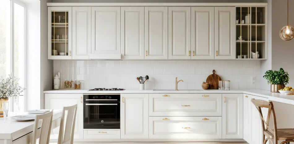 Modern, light-filled kitchen with cream cabinets